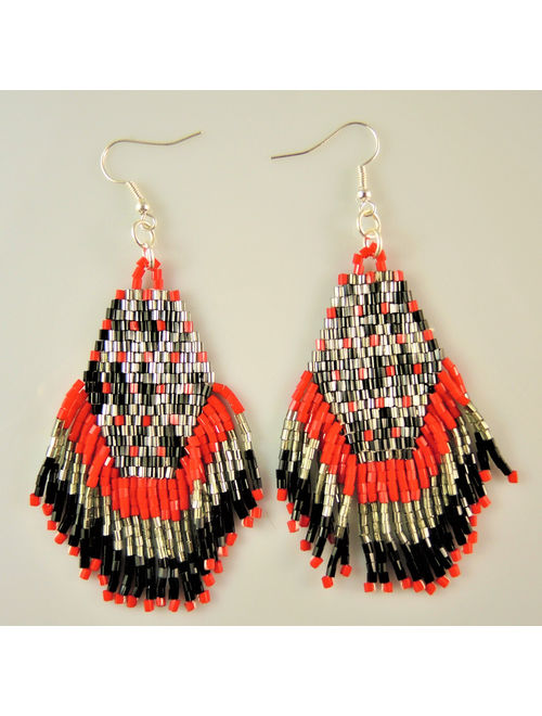 Miyuki Red Grey and Black Beaded Handmade Statement Bohemian Dangle Earrings with Silver Hypo Allergenic Hooks #2602