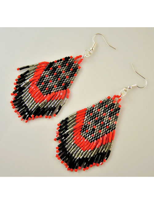 Miyuki Red Grey and Black Beaded Handmade Statement Bohemian Dangle Earrings with Silver Hypo Allergenic Hooks #2602