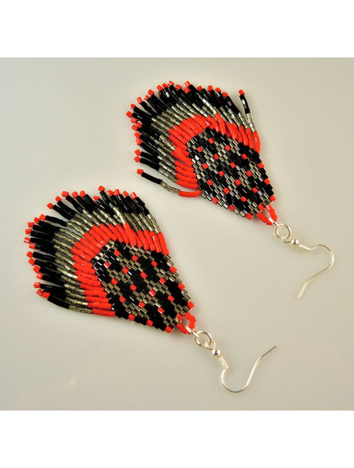 Miyuki Red Grey and Black Beaded Handmade Statement Bohemian Dangle Earrings with Silver Hypo Allergenic Hooks #2602