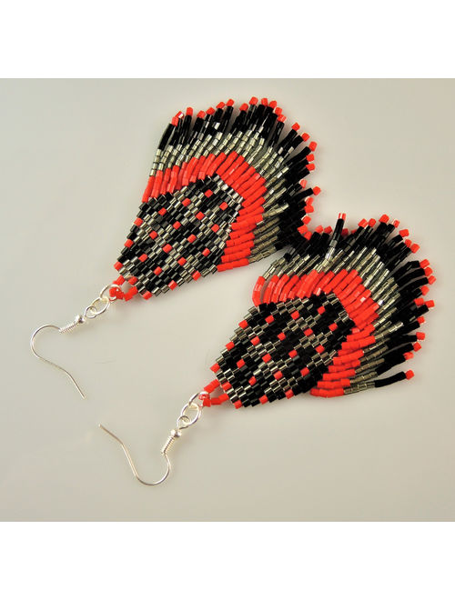 Miyuki Red Grey and Black Beaded Handmade Statement Bohemian Dangle Earrings with Silver Hypo Allergenic Hooks #2602