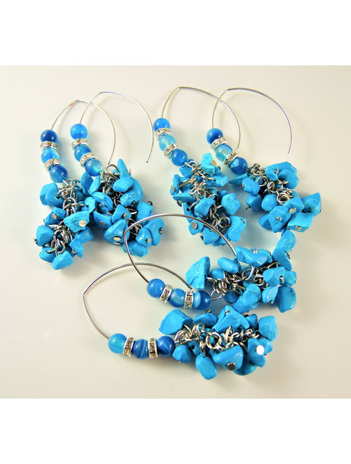 Turquoise Gemstone Chips Statement Pair of Dangle Earrings with Stainless Steel Oval Hooks # 2239