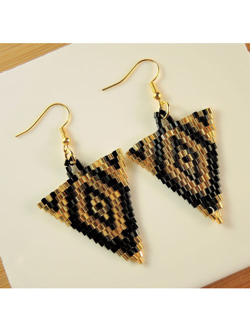 Gold and Black Miyuki Beaded Handmade Dangle Triangle Fashion Bohemian Earrings with Gold Hypo Allergenic Hooks #32