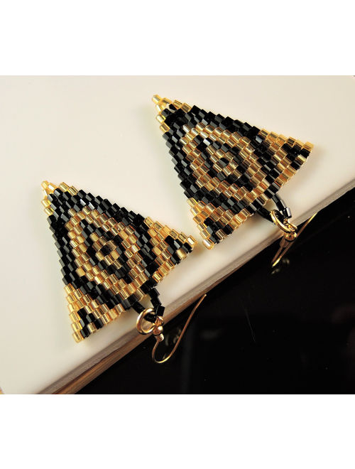 Gold and Black Miyuki Beaded Handmade Dangle Triangle Fashion Bohemian Earrings with Gold Hypo Allergenic Hooks #32