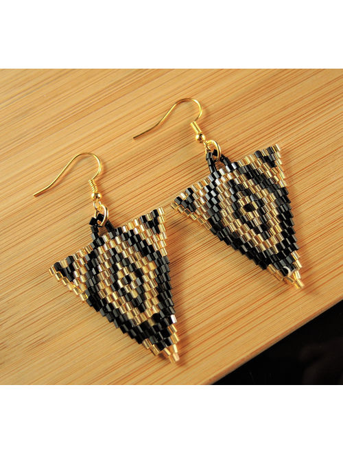 Gold and Black Miyuki Beaded Handmade Dangle Triangle Fashion Bohemian Earrings with Gold Hypo Allergenic Hooks #32