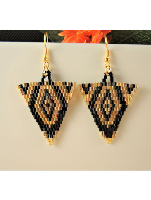 Gold and Black Miyuki Beaded Handmade Dangle Triangle Fashion Bohemian Earrings with Gold Hypo Allergenic Hooks #32