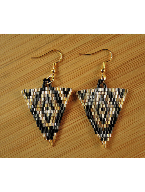 Gold and Black Miyuki Beaded Handmade Dangle Triangle Fashion Bohemian Earrings with Gold Hypo Allergenic Hooks #32