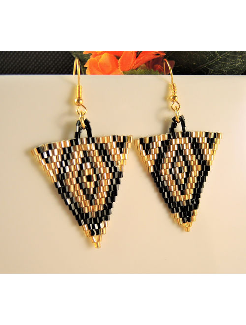 Gold and Black Miyuki Beaded Handmade Dangle Triangle Fashion Bohemian Earrings with Gold Hypo Allergenic Hooks #32