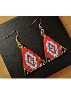 Red Blue Gold and Black Miyuki Beaded Handmade Dangle Triangle Fashion Bohemian Earrings with Gold Hypo Allergenic Hooks #187