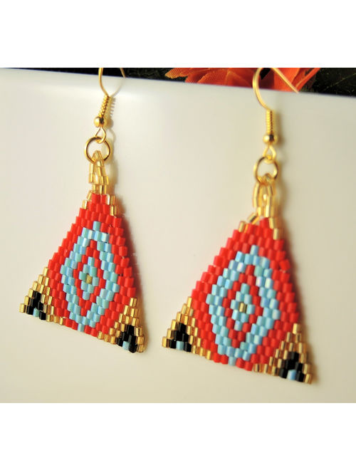 Red Blue Gold and Black Miyuki Beaded Handmade Dangle Triangle Fashion Bohemian Earrings with Gold Hypo Allergenic Hooks #187