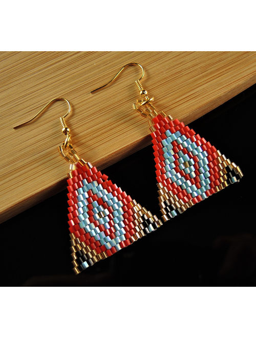 Red Blue Gold and Black Miyuki Beaded Handmade Dangle Triangle Fashion Bohemian Earrings with Gold Hypo Allergenic Hooks #187