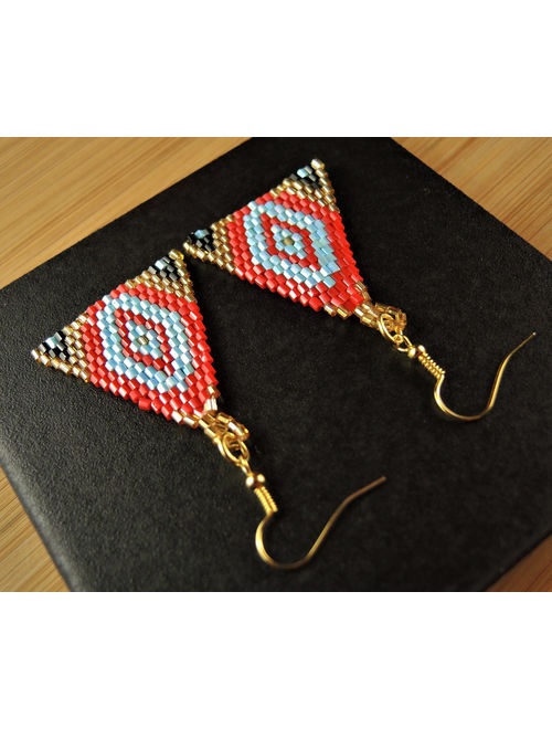 Red Blue Gold and Black Miyuki Beaded Handmade Dangle Triangle Fashion Bohemian Earrings with Gold Hypo Allergenic Hooks #187