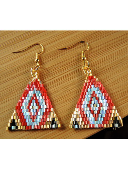 Red Blue Gold and Black Miyuki Beaded Handmade Dangle Triangle Fashion Bohemian Earrings with Gold Hypo Allergenic Hooks #187