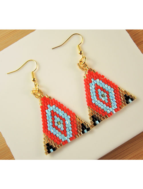 Red Blue Gold and Black Miyuki Beaded Handmade Dangle Triangle Fashion Bohemian Earrings with Gold Hypo Allergenic Hooks #187