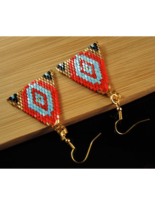 Red Blue Gold and Black Miyuki Beaded Handmade Dangle Triangle Fashion Bohemian Earrings with Gold Hypo Allergenic Hooks #187