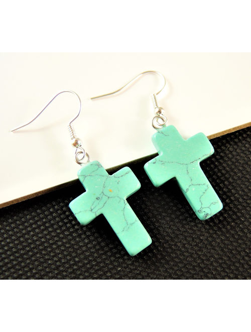 Blue Turquoise Gemstone Cross Bohemian Pair of Dangle Earrings with Silver Plated Hooks # 2596