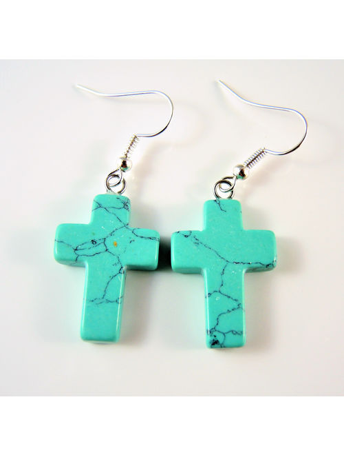 Blue Turquoise Gemstone Cross Bohemian Pair of Dangle Earrings with Silver Plated Hooks # 2596