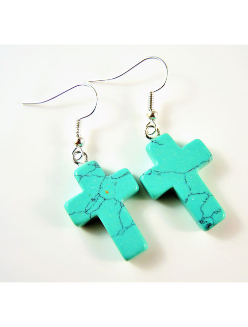 Blue Turquoise Gemstone Cross Bohemian Pair of Dangle Earrings with Silver Plated Hooks # 2596