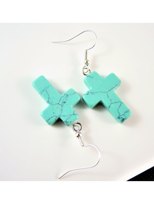 Blue Turquoise Gemstone Cross Bohemian Pair of Dangle Earrings with Silver Plated Hooks # 2596