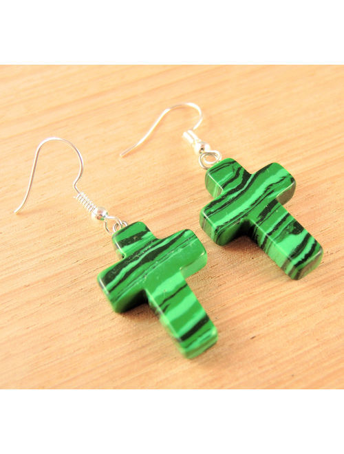 Green Malachite Gemstone Cross Bohemian Pair of Dangle Earrings with Silver Plated Hooks # 452