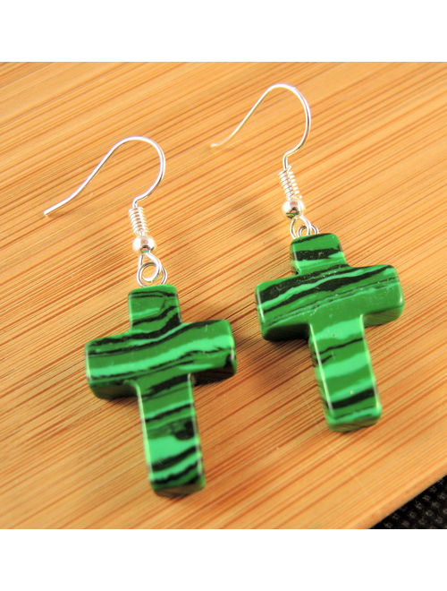 Green Malachite Gemstone Cross Bohemian Pair of Dangle Earrings with Silver Plated Hooks # 452