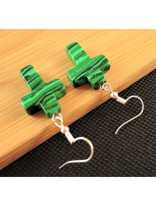 Green Malachite Gemstone Cross Bohemian Pair of Dangle Earrings with Silver Plated Hooks # 452