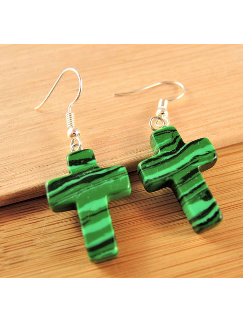 Green Malachite Gemstone Cross Bohemian Pair of Dangle Earrings with Silver Plated Hooks # 452