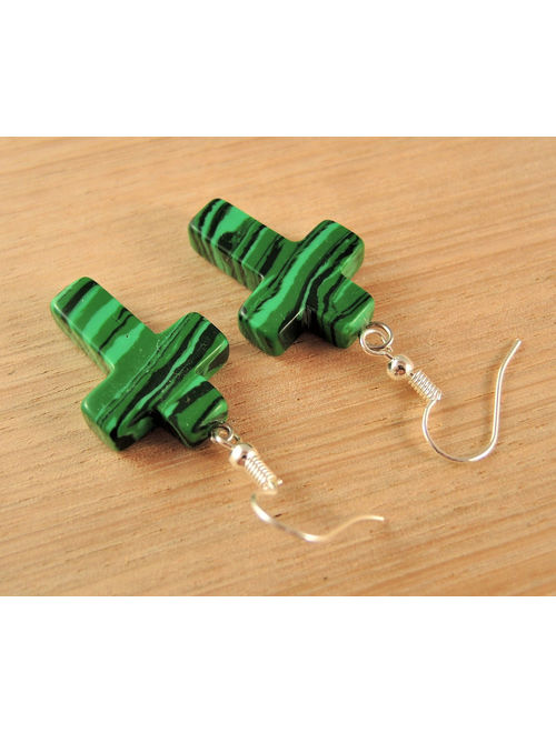 Green Malachite Gemstone Cross Bohemian Pair of Dangle Earrings with Silver Plated Hooks # 452