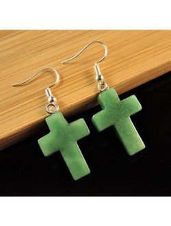 Green Aventurine Gemstone Cross Bohemian Pair of Dangle Fashion Earrings with Silver Plated Hooks # 2031