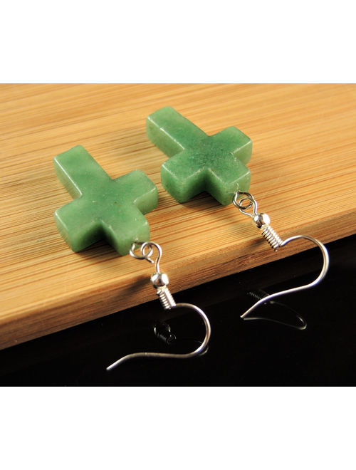 Green Aventurine Gemstone Cross Bohemian Pair of Dangle Fashion Earrings with Silver Plated Hooks # 2031