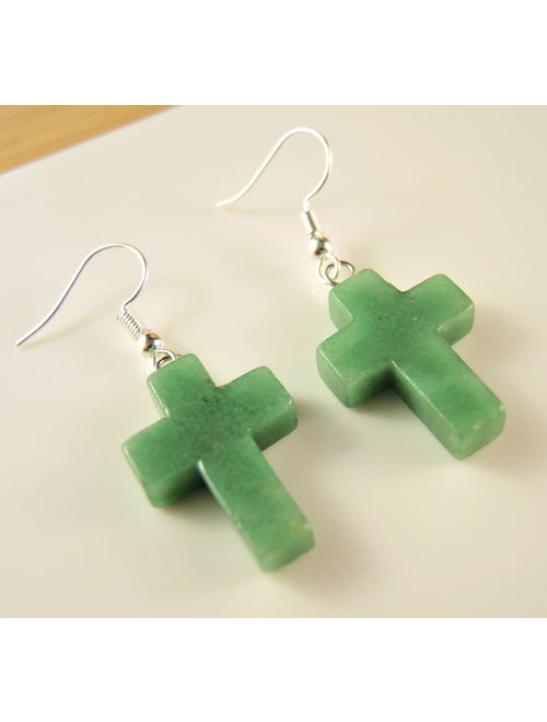 Green Aventurine Gemstone Cross Bohemian Pair of Dangle Fashion Earrings with Silver Plated Hooks # 2031