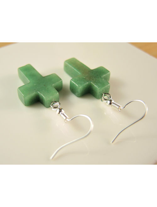 Green Aventurine Gemstone Cross Bohemian Pair of Dangle Fashion Earrings with Silver Plated Hooks # 2031