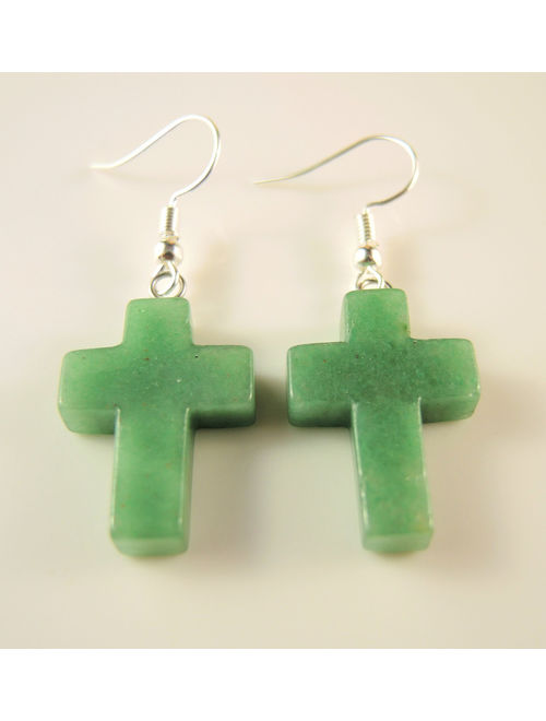 Green Aventurine Gemstone Cross Bohemian Pair of Dangle Fashion Earrings with Silver Plated Hooks # 2031