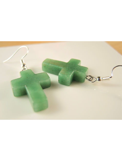 Green Aventurine Gemstone Cross Bohemian Pair of Dangle Fashion Earrings with Silver Plated Hooks # 2031