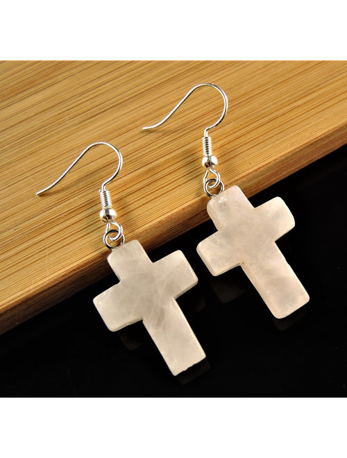 Rose Quartz Gemstone Cross Bohemian Pair of Dangle Fashion Earrings with Silver Plated Hooks # 1237