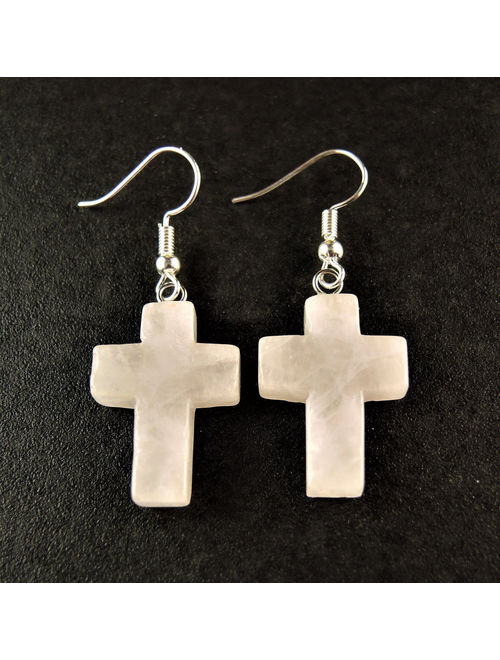 Rose Quartz Gemstone Cross Bohemian Pair of Dangle Fashion Earrings with Silver Plated Hooks # 1237