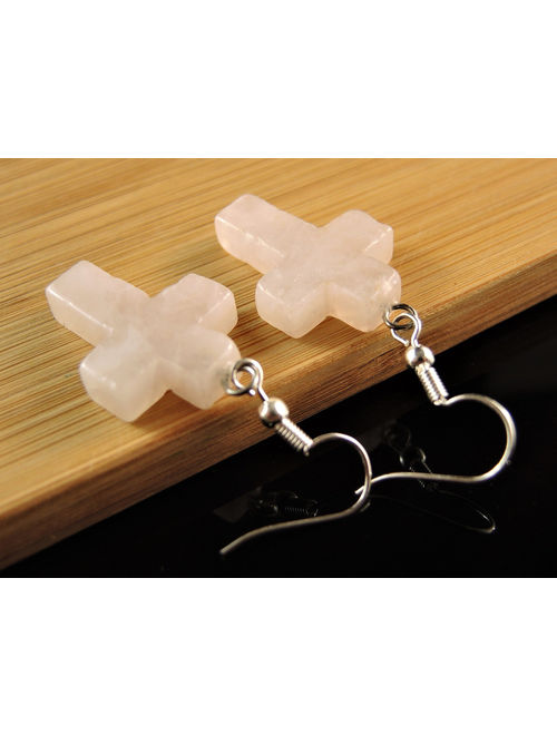 Rose Quartz Gemstone Cross Bohemian Pair of Dangle Fashion Earrings with Silver Plated Hooks # 1237