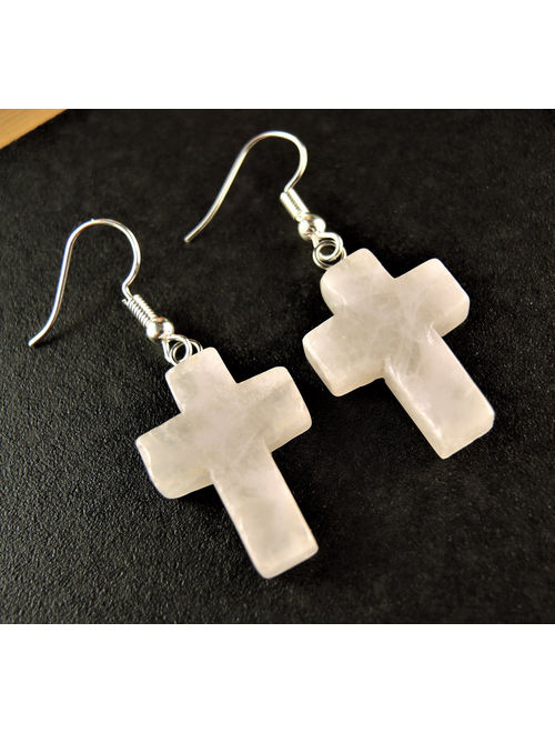 Rose Quartz Gemstone Cross Bohemian Pair of Dangle Fashion Earrings with Silver Plated Hooks # 1237