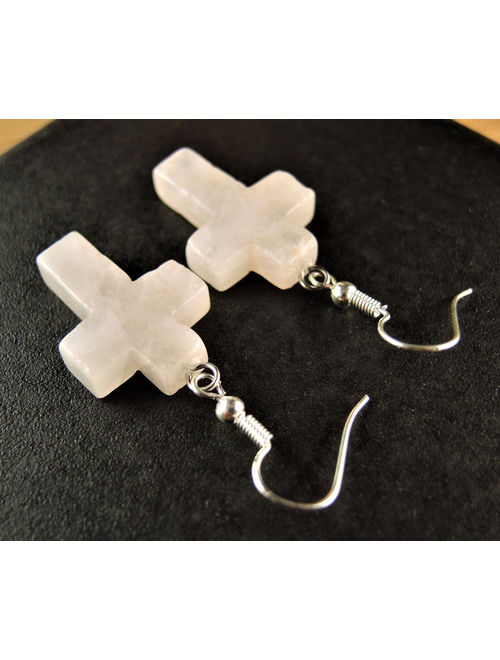 Rose Quartz Gemstone Cross Bohemian Pair of Dangle Fashion Earrings with Silver Plated Hooks # 1237