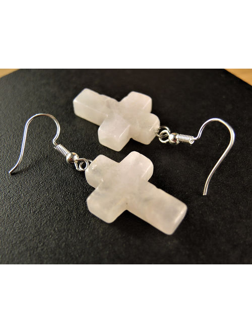 Rose Quartz Gemstone Cross Bohemian Pair of Dangle Fashion Earrings with Silver Plated Hooks # 1237