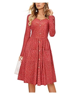 KILIG Women's Long Sleeve Dress Spaghetti Strap Button Down Dress with Pockets