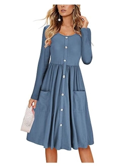 KILIG Women's Long Sleeve Dress Spaghetti Strap Button Down Dress with Pockets