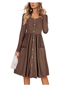 KILIG Women's Long Sleeve Dress Spaghetti Strap Button Down Dress with Pockets