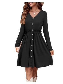 KILIG Women's Long Sleeve Dress Spaghetti Strap Button Down Dress with Pockets