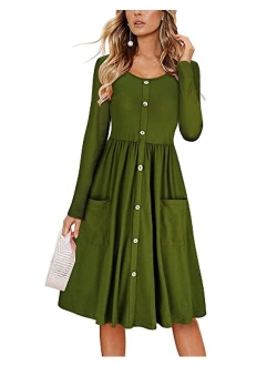 KILIG Women's Long Sleeve Dress Spaghetti Strap Button Down Dress with Pockets