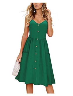 KILIG Women's Long Sleeve Dress Spaghetti Strap Button Down Dress with Pockets