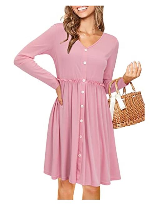 KILIG Women's Long Sleeve Dress Spaghetti Strap Button Down Dress with Pockets