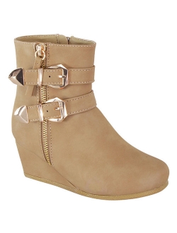 LINK PEGGY-90K Children Girl's Wedge Heel Double Straps High Top Ankle Booties