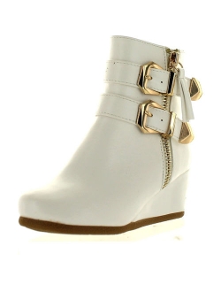 LINK PEGGY-90K Children Girl's Wedge Heel Double Straps High Top Ankle Booties