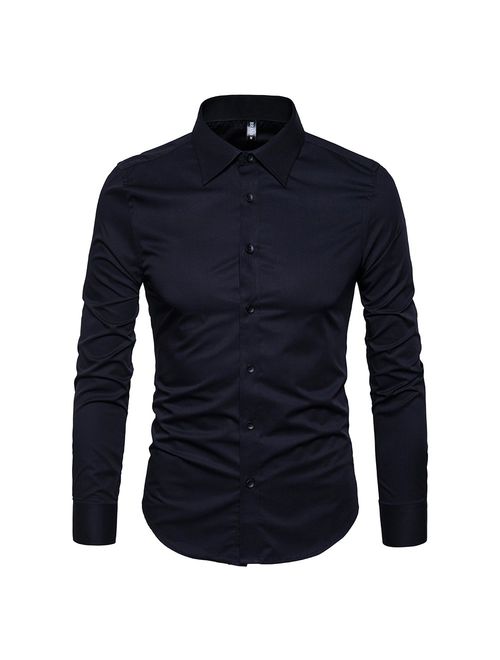 Manwan walk Men's Slim Fit Business Cotton Long Sleeves Solid Button Down Dress Shirts