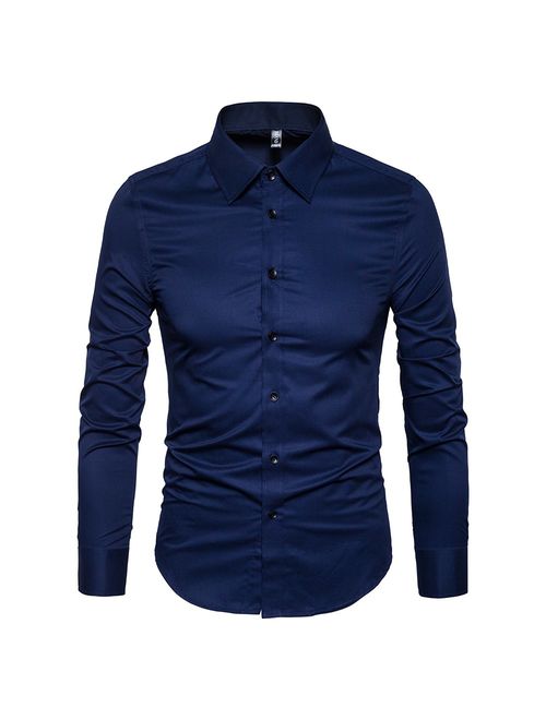 Manwan walk Men's Slim Fit Business Cotton Long Sleeves Solid Button Down Dress Shirts